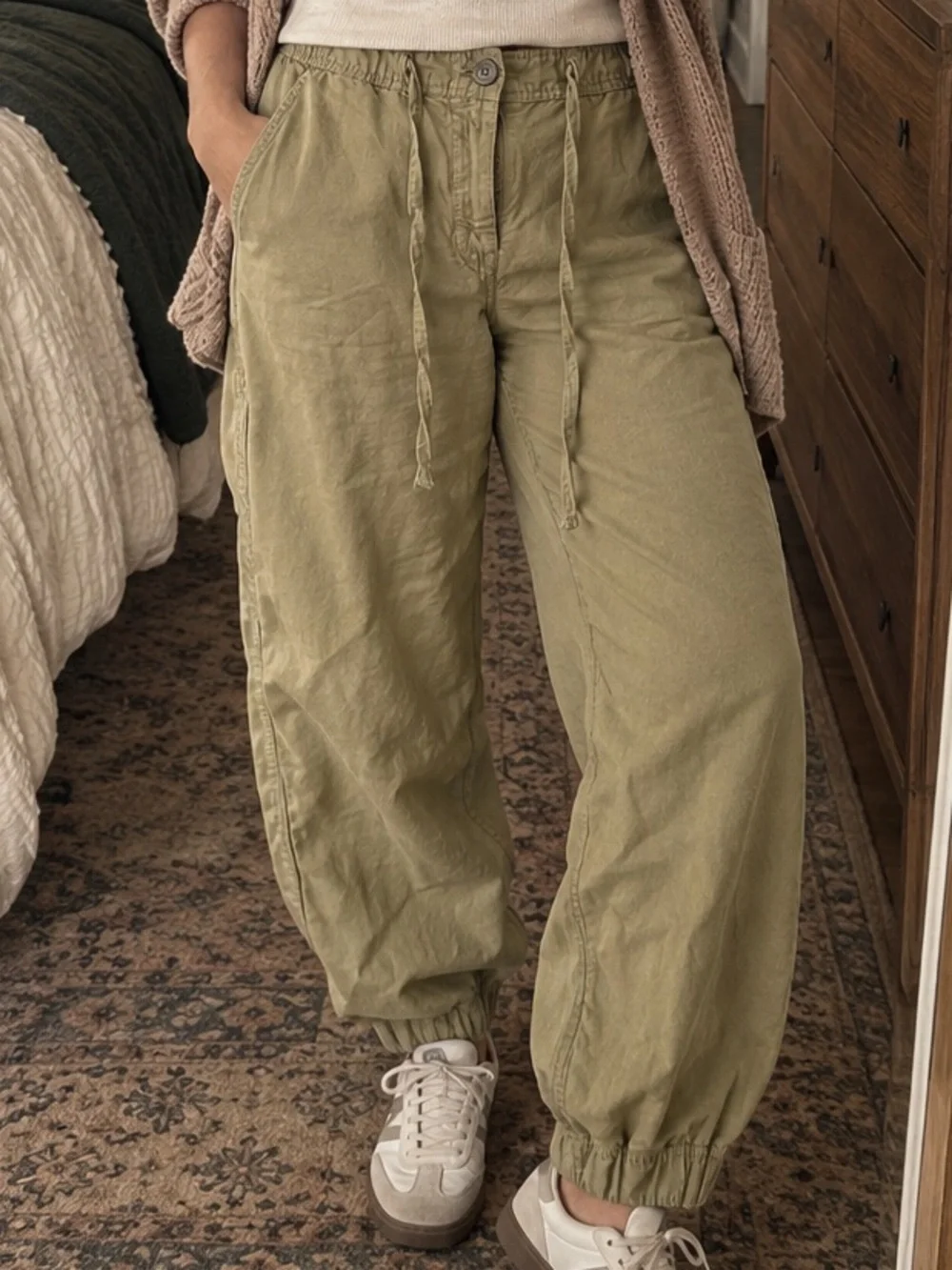 Zara Khaki Green Linen Cargo Jogger Pants Size L